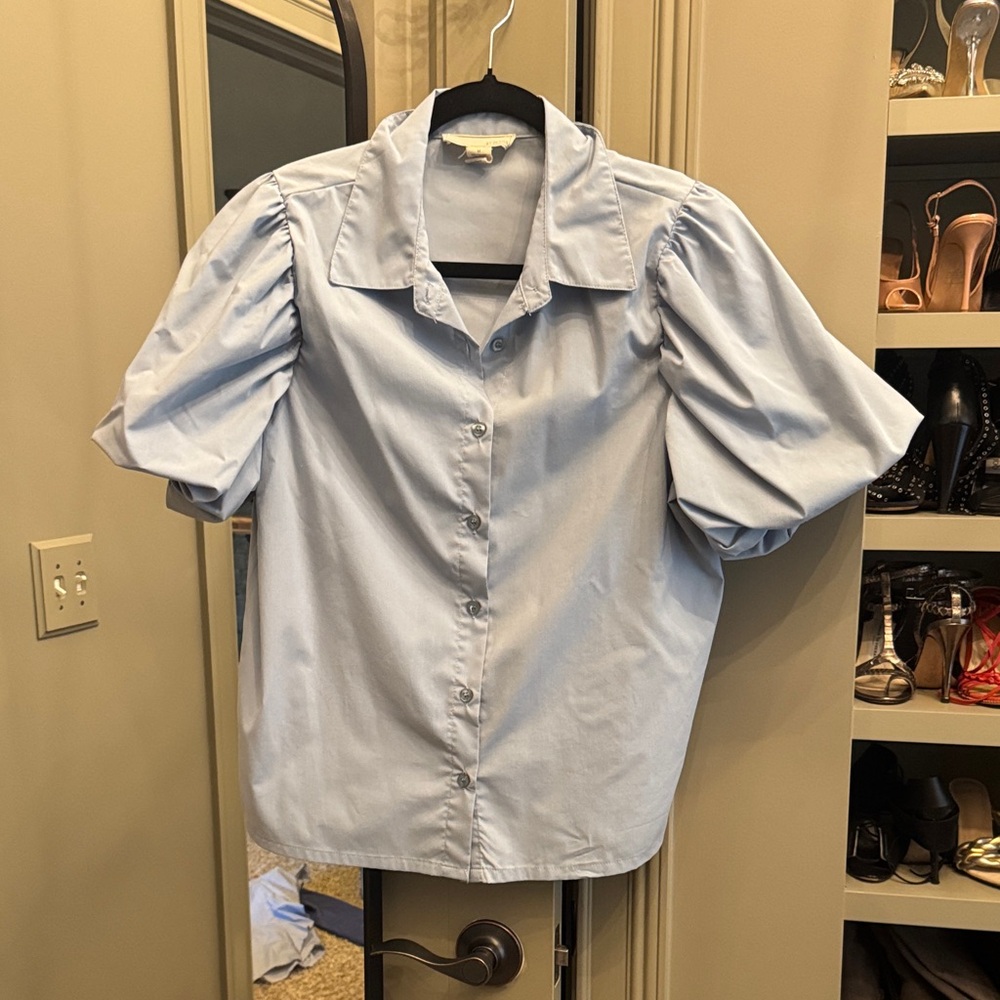 Light Blue Puff-Sleeve Button-Up Blouse